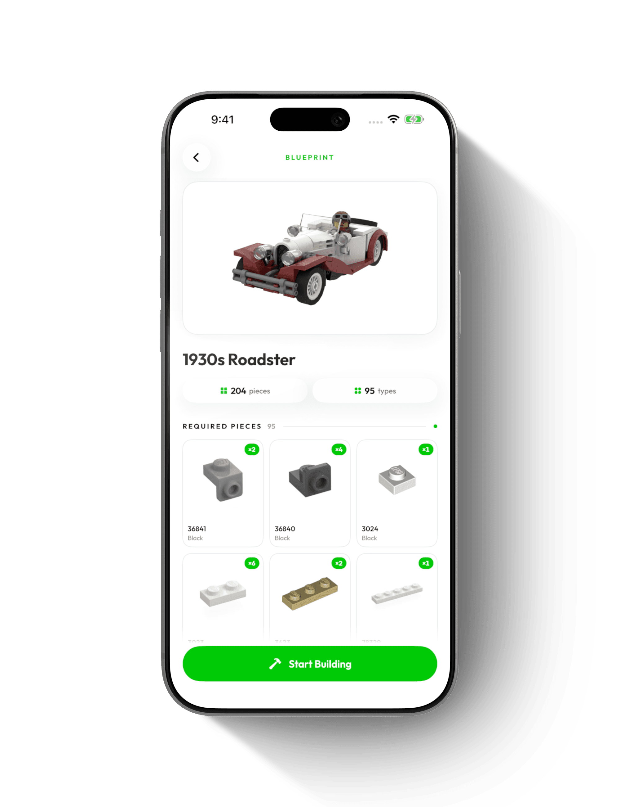 A Roadster build in Brickify with its required pieces and parts list