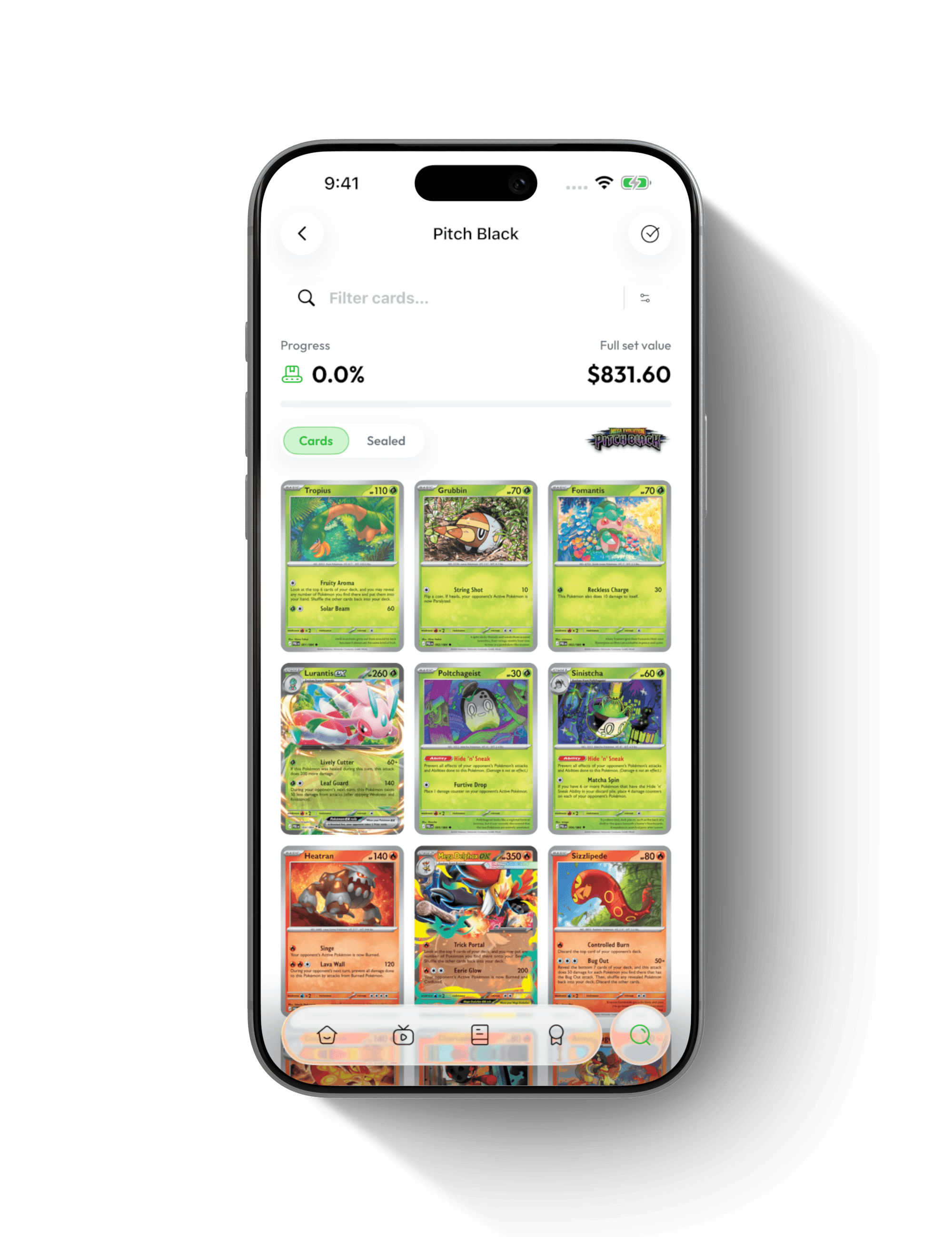 A Pokémon card set in Brickify with a card grid and collection progress