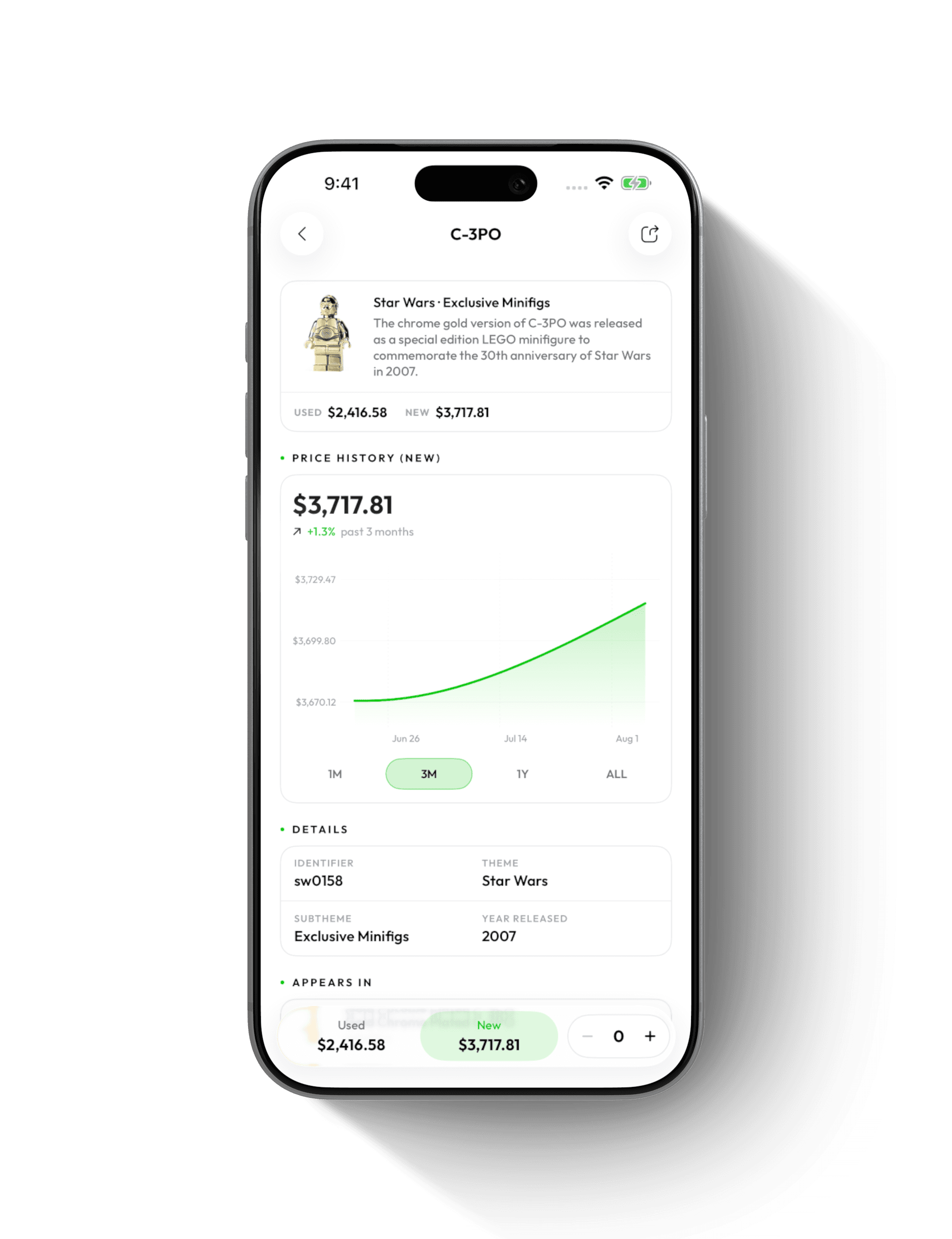 A LEGO C-3PO minifigure’s estimated value, condition options and three-month price history in Brickify