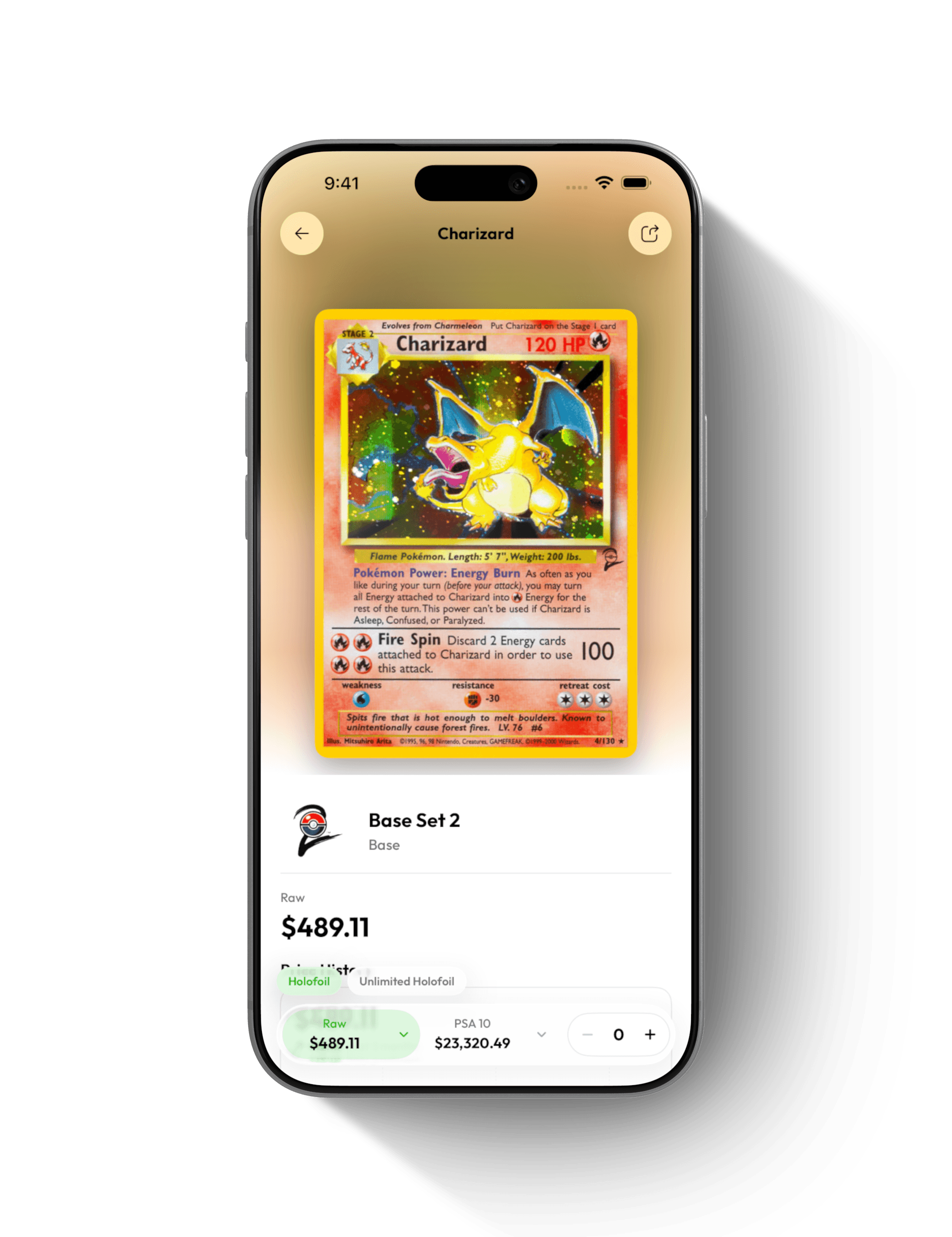 Charizard identified in Brickify, with its exact set and raw and graded value estimates