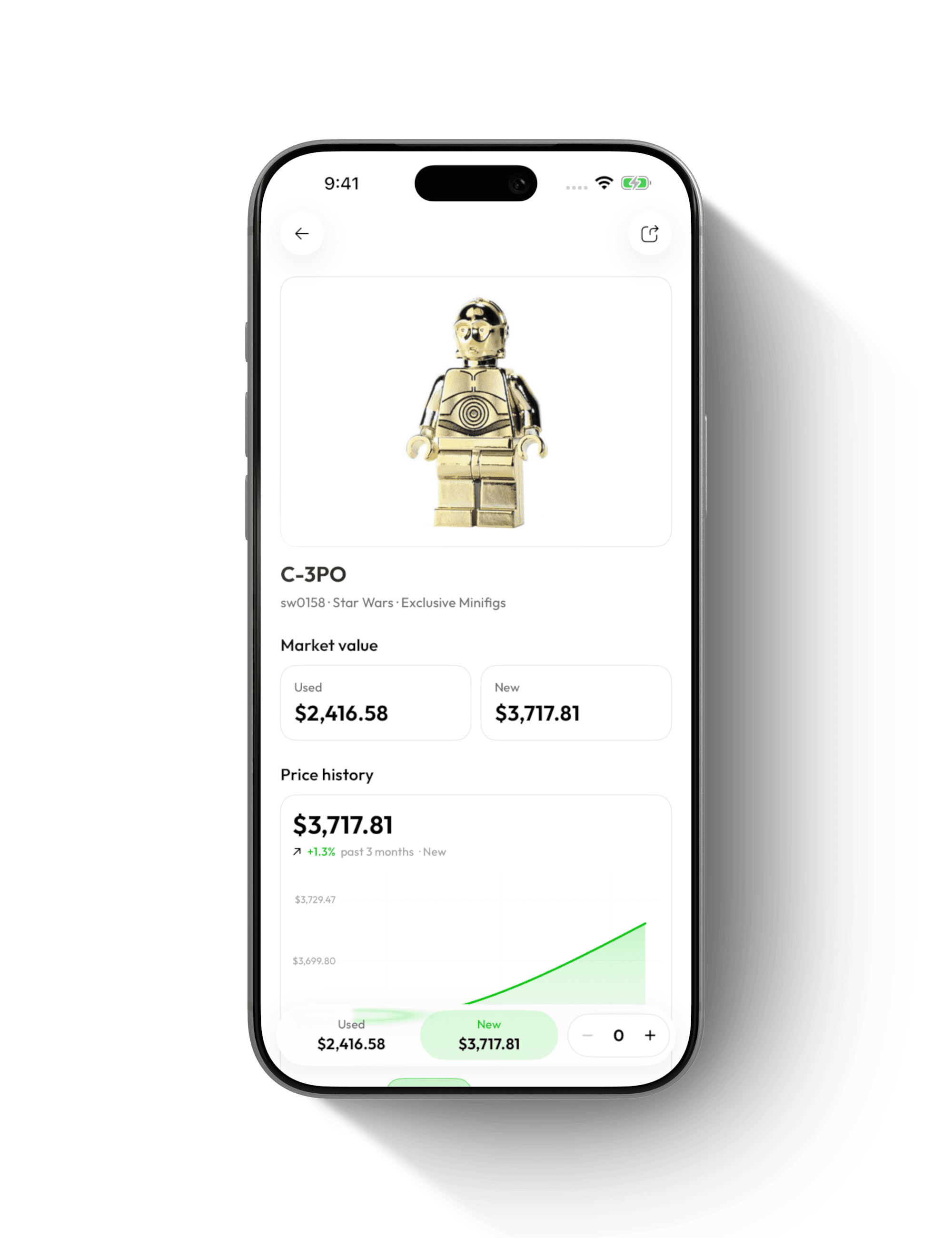 A LEGO C-3PO minifigure’s estimated value, condition options and three-month price history in Brickify