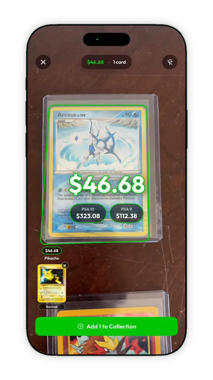 A scanned card showing raw, PSA 10 and PSA 9 prices