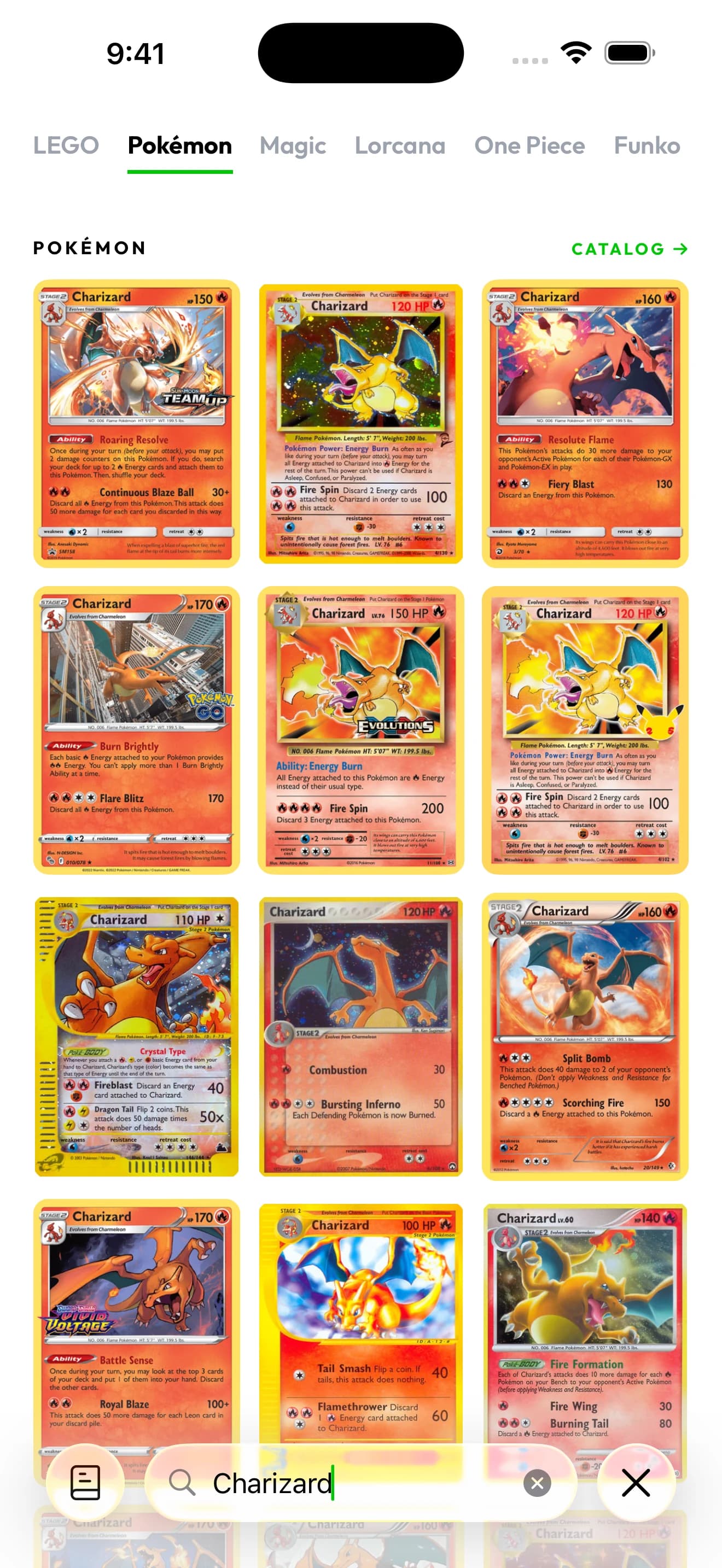 Charizard search results in Brickify showing different card artworks and printings.