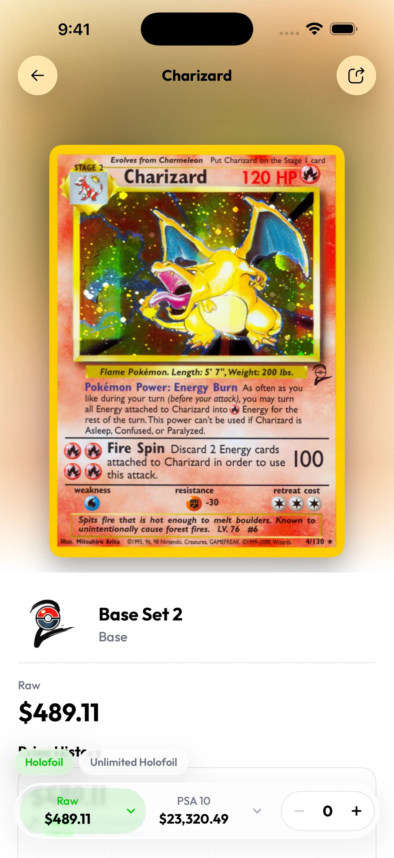 Charizard from Base Set 2 in Brickify, with separate Raw and PSA 10 value selectors and an owned quantity control.