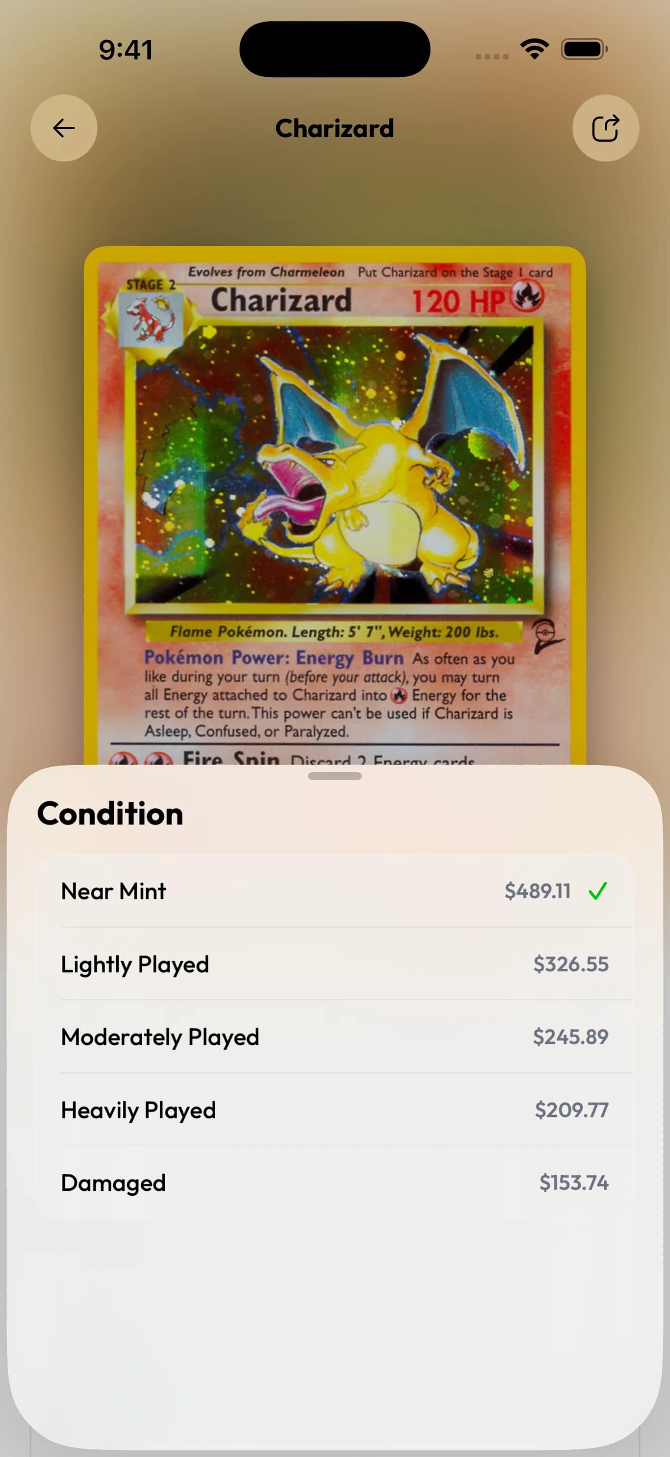 Brickify’s Charizard condition menu with Near Mint, Lightly Played, Moderately Played, Heavily Played and Damaged estimates.