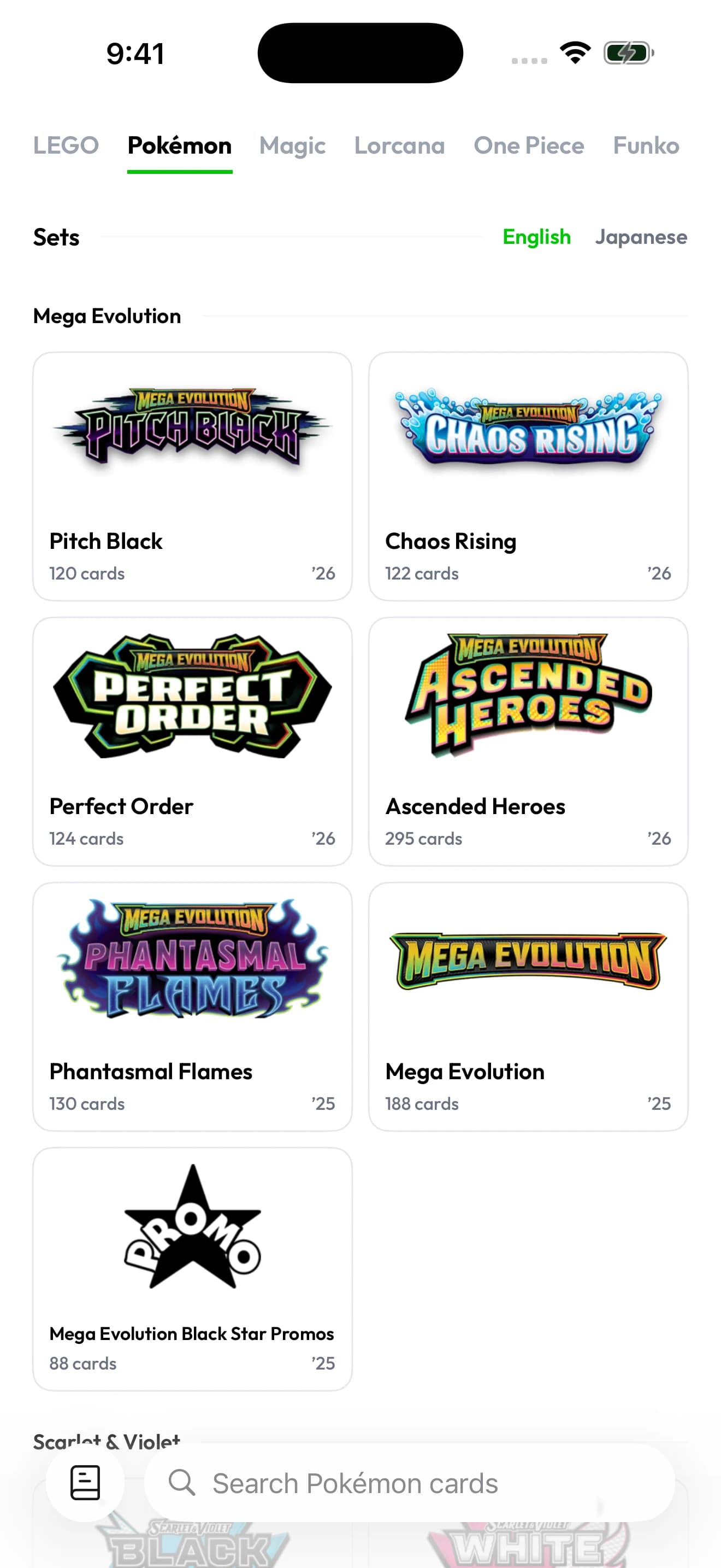 Brickify’s Pokémon set catalog with English and Japanese language options and a card search field.