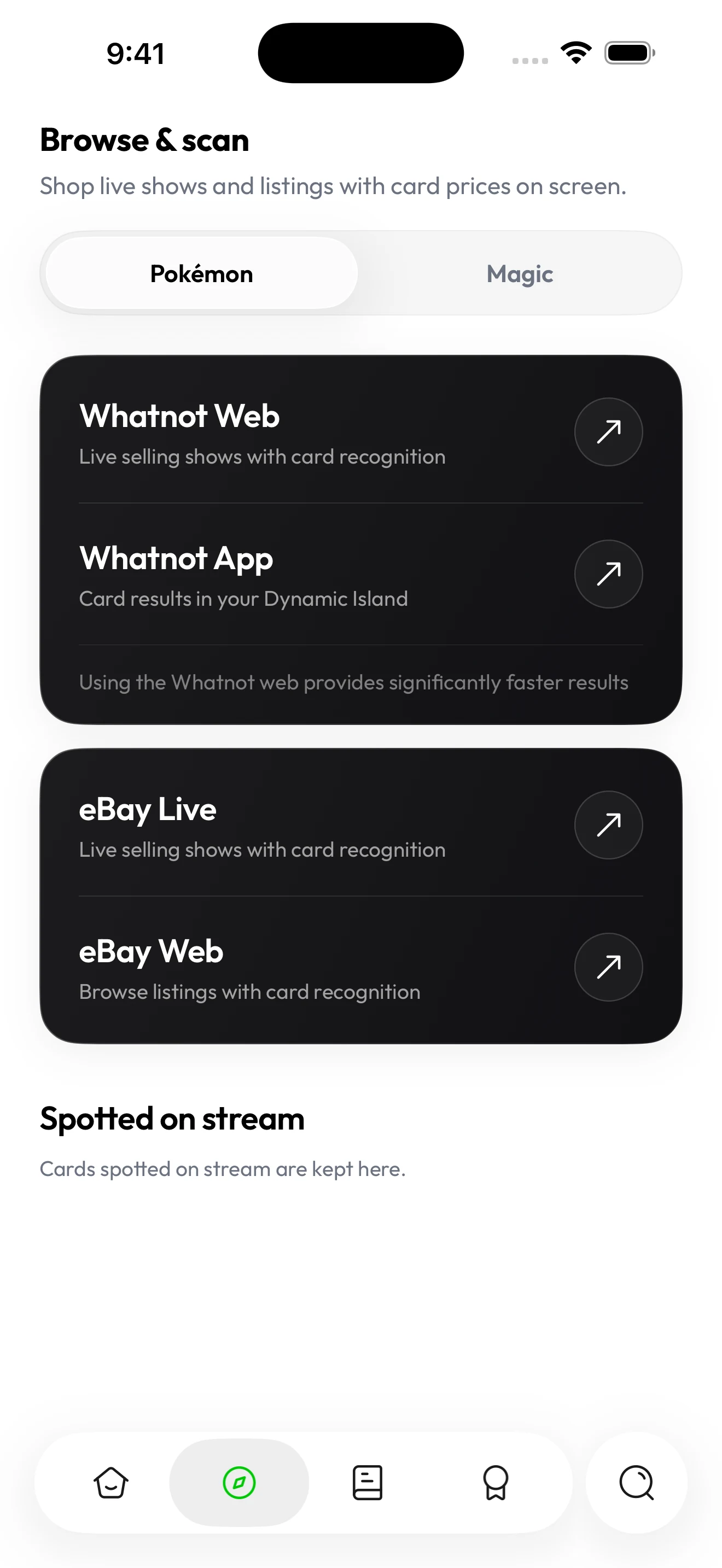 Brickify’s Browse and scan screen with Pokémon selected, Whatnot Web card recognition and Whatnot App Dynamic Island results.